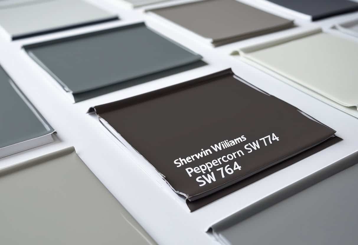 Close-up of several paint swatches in shades of gray and neutrals arranged side by side on a white surface.