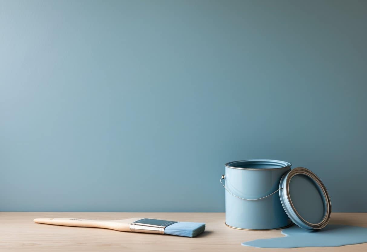 Close-up of a smooth sea salt blue painted wall with a paintbrush and open paint can on a wooden surface.