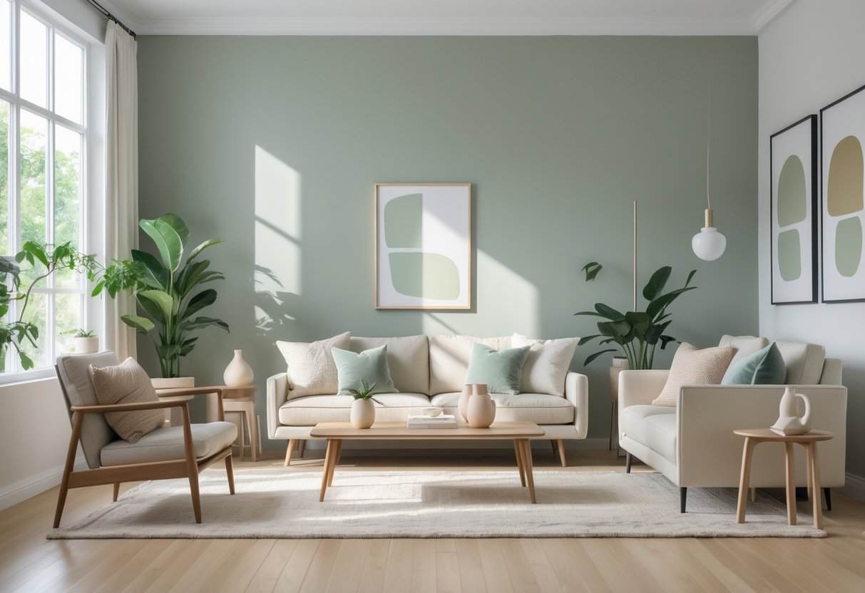 A bright living room with walls painted in a soft green-gray color, featuring a beige sofa, wooden coffee table, indoor plants, and decorative items.
