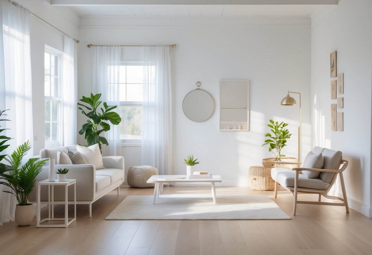 A bright living room with white walls, a sofa, coffee table, plants, and large windows letting in natural light.