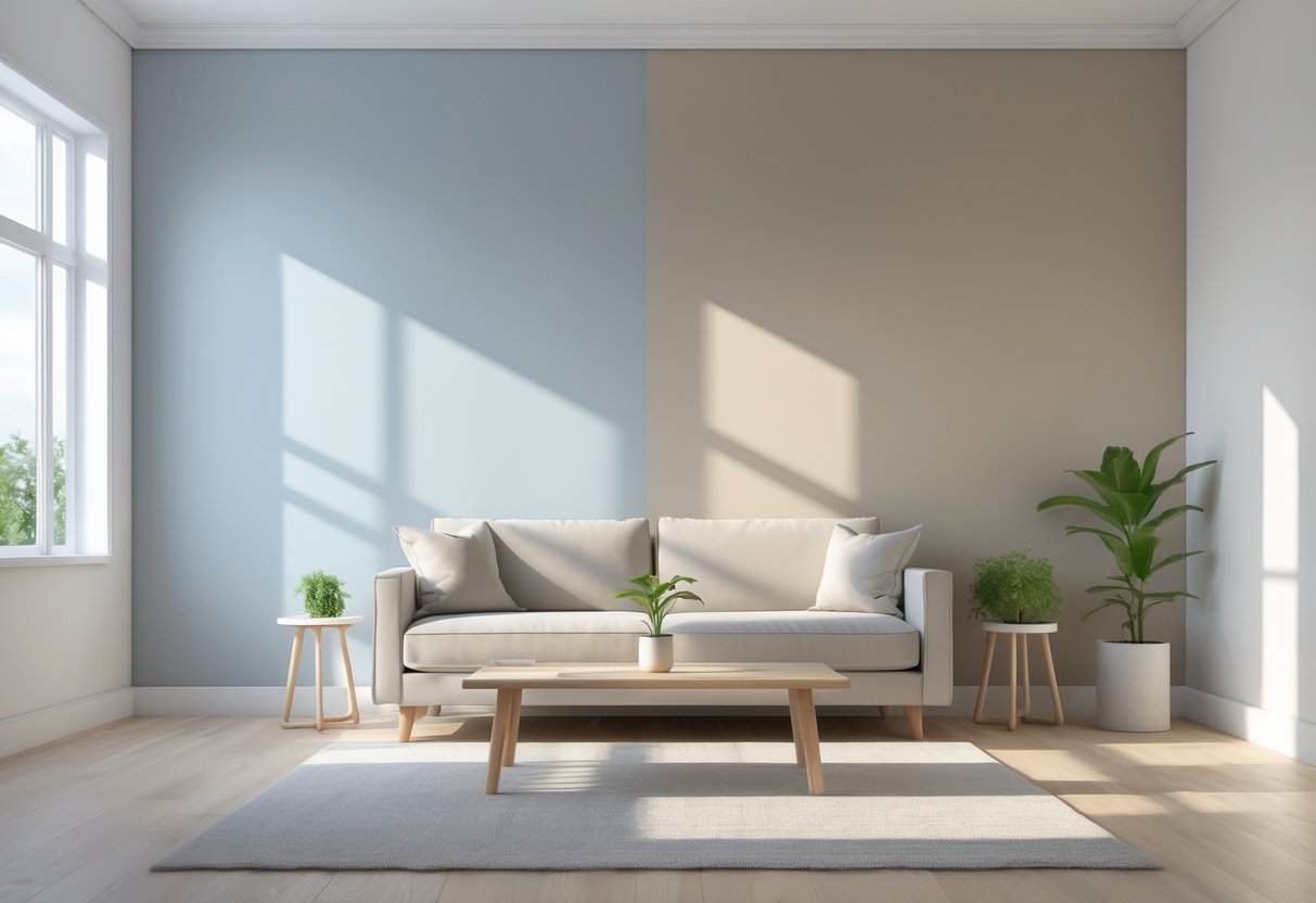 A living room with two adjacent walls painted in different shades of gray, featuring a sofa, coffee table, and natural daylight.